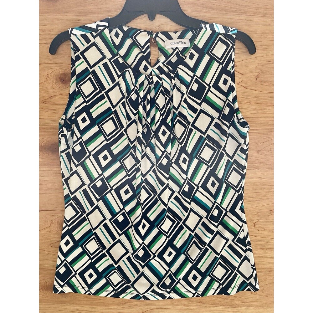 Calvin Klein Blouse Womens Size 38” Bust Green And White Geometric Print